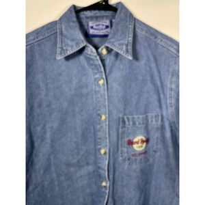 Vintage Hard Rock Cafe St Louis Denim‎ Shirt Mens M Button Up Guitar Logo